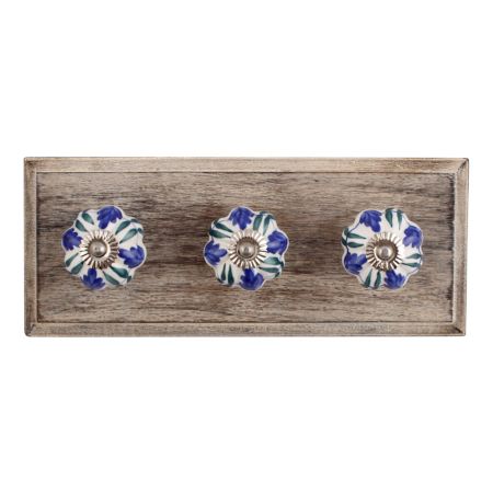 Blue Floral Ceramic Wooden Hooks